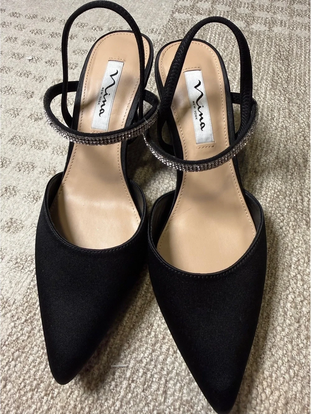 Nina New York Black Satin Slingback Heels with Rhinestone Strap